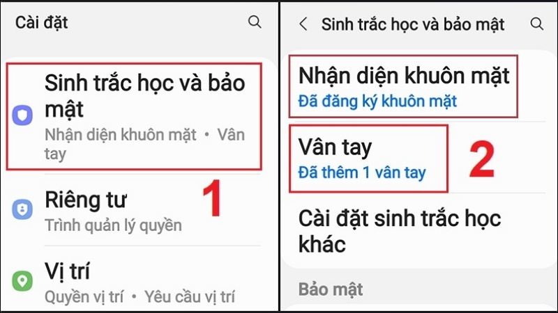 Thiết lập bảo mật vân tay và khuôn mặt