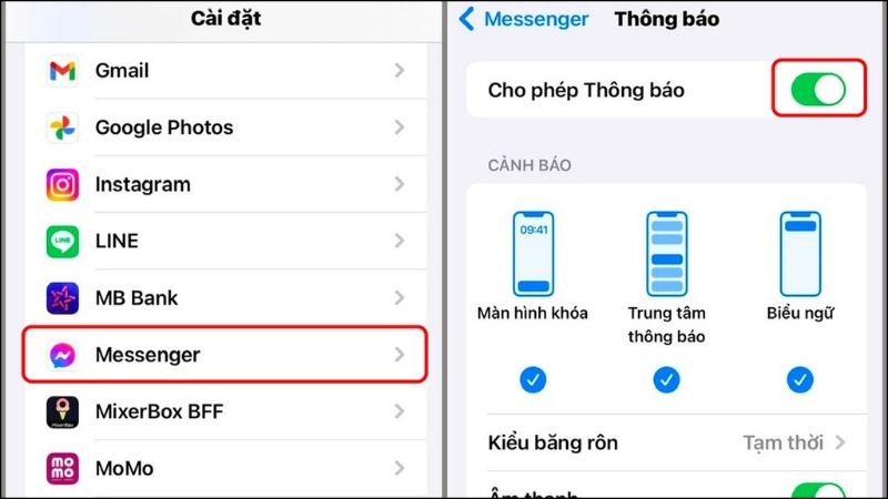 Nhấn chọn mục Thông báo và gạt công tắc ON tại mục Cho phép thông báo