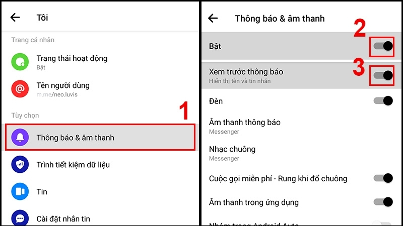 Chọn mục Thông báo & âm thanh sau đó bật công tắc cho cả 2 mục Bật và Xem trước thông báo