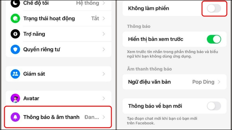 Tại mục Không làm phiền, người dùng chỉ cần gạt công tắc chuyển sang chế độ off