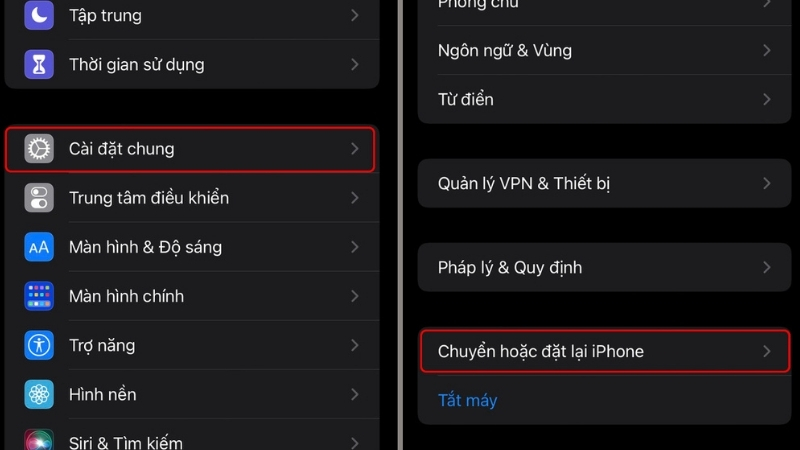 Chọn mục Cài đặt chung > Chọn Chuyển hoặc đặt lại iPhone