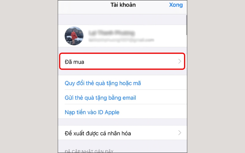 Nhấn vào biểu tượng tài khoản của bạn, sau đó chọn mục Đã mua