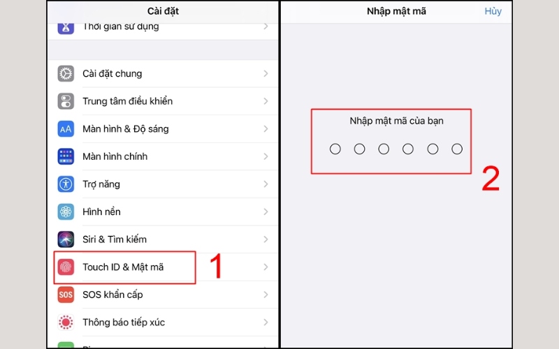 Vào Cài đặt, chọn Touch ID & Mật mã