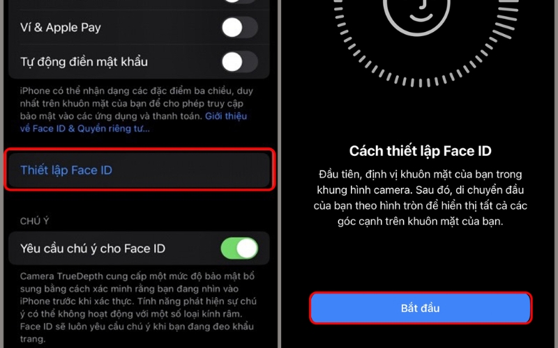 Nhấp vào Cài đặt Face ID, chọn Bắt đầu