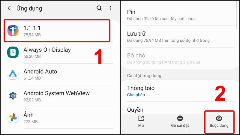 Nhấn vào ứng dụng không cần thiết và nhấn Buộc dừng