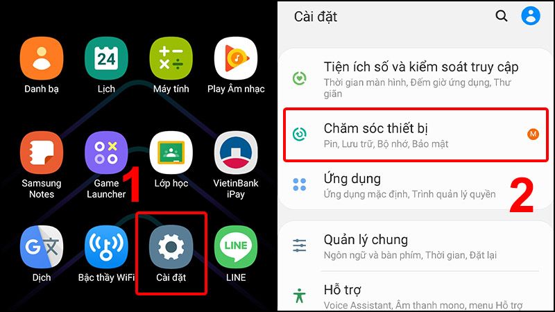 Vào Cài đặt và chọn Chăm sóc thiết bị