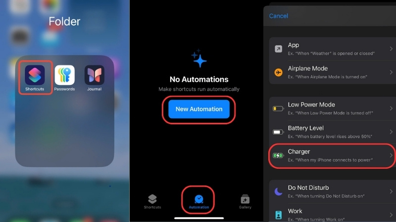 Mở ứng dụng Phím tắt (Shortcuts) > Chọn tab Tự động hóa (Automation) > Chọn Tự động hóa mới (New Automation)