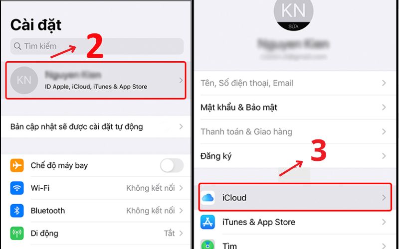 Tìm và nhấn vào mục iCloud để tiếp tục thao tác