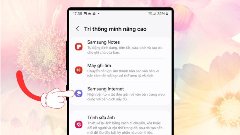 Trong danh sách hiện ra, chọn Samsung Internet