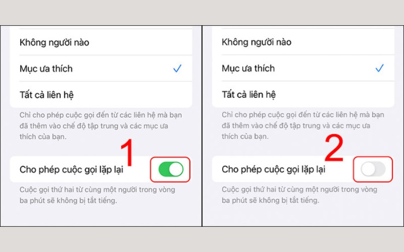 Gạt sang trái để tắt tính năng Cho phép cuộc gọi lặp lại 