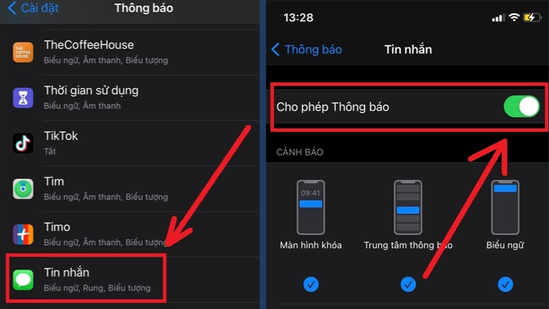 Chọn Thông báo và bật tùy chọn Cho phép thông báo