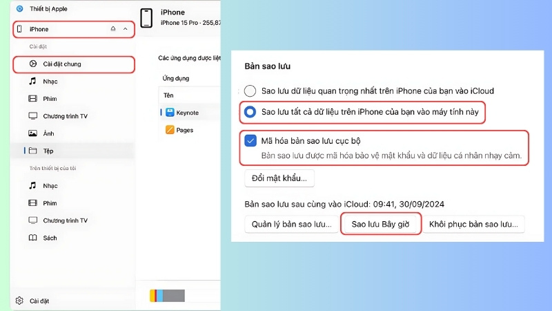  Trong tab Cài đặt chung (General), chọn Sao lưu toàn bộ dữ liệu trên iPhone vào máy tính này