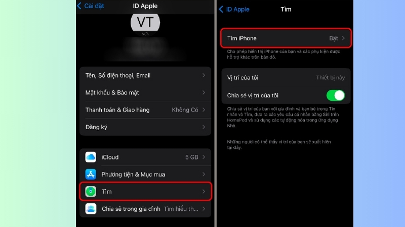 Chọn Tìm (Find My) > Chọn Tìm iPhone (Find My iPhone)