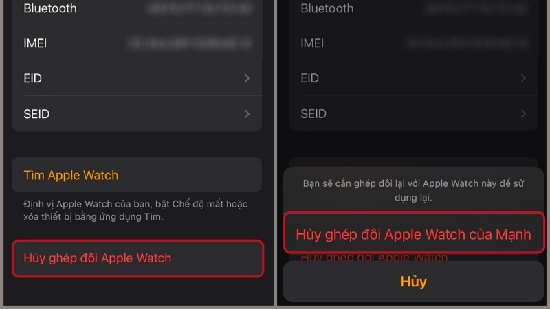Chạm vào Hủy ghép đôi Apple Watch và xác nhận
