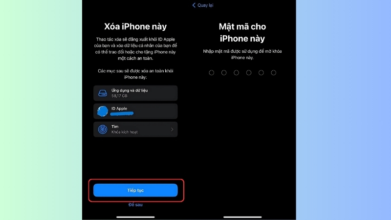 Màn hình xác nhận sẽ liệt kê những gì bị xóa, chọn Tiếp tục (Continue)