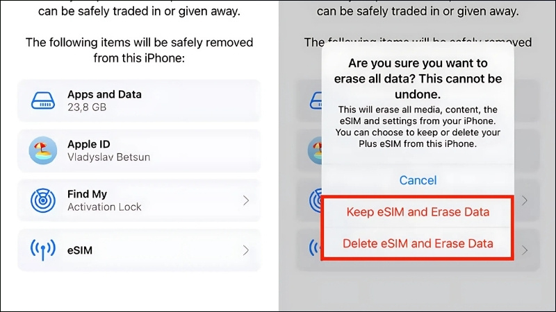 Nếu iPhone dùng eSIM, iOS sẽ hỏi bạn muốn xử lý gói cước di động thế nào
