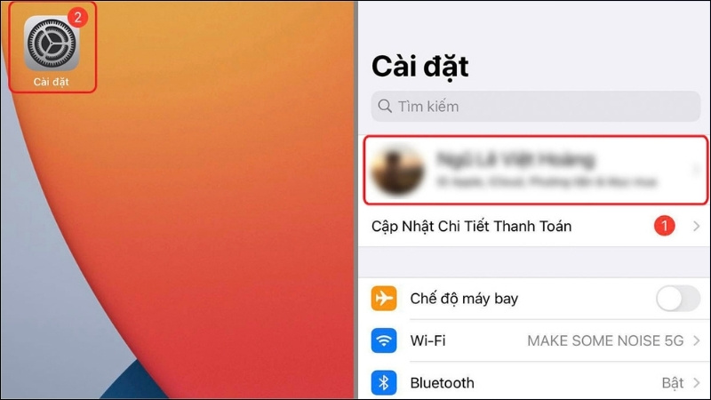  Mở Cài đặt (Settings) trên iPhone > Nhấn vào tên của bạn/Apple ID ở trên cùng