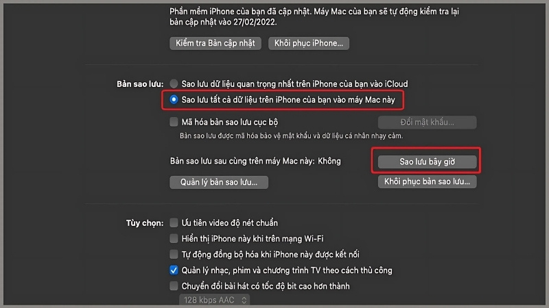 Chọn Sao lưu toàn bộ dữ liệu trên iPhone vào máy Mac này