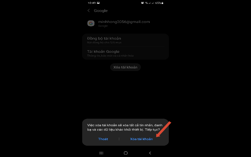 xac nhan tai khoan va nhan vao xoa tai khoan