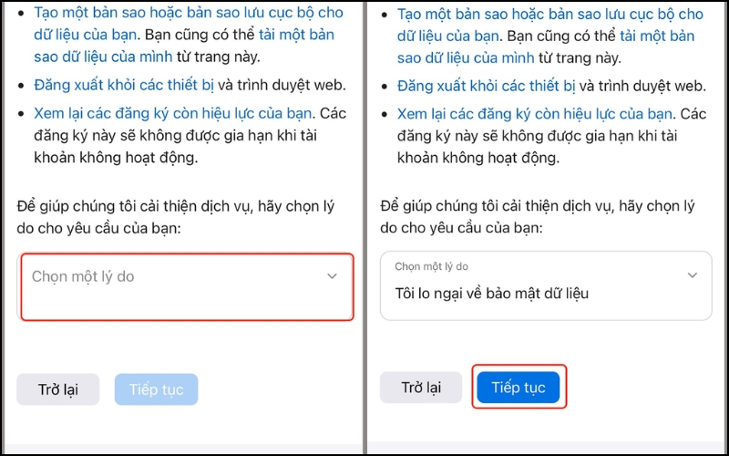 Chọn lý do bạn muốn hủy kích hoạt tài khoản