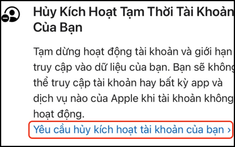 Chọn Yêu cầu hủy kích hoạt tài khoản của bạn