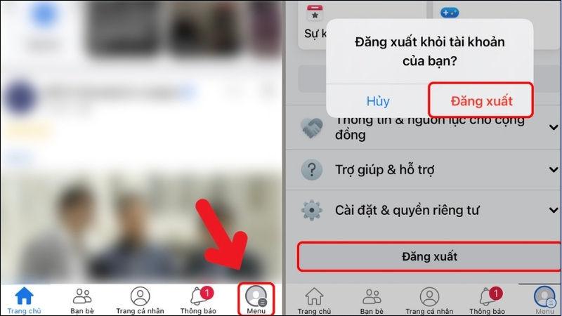 Chọn Menu > Đăng xuất