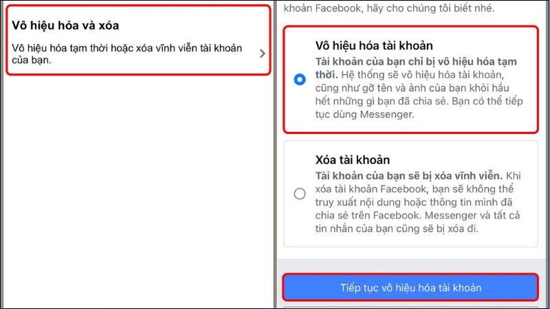  Chọn mục Vô hiệu hóa tài khoản > Tiến hành nhập mật khẩu tài khoản Facebook của bạn