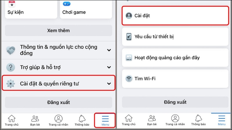 Nhấn vào Menu ở góc dưới, sau đó kéo xuống và chọn Cài đặt & quyền riêng tư, tiếp theo chọn Cài đặt