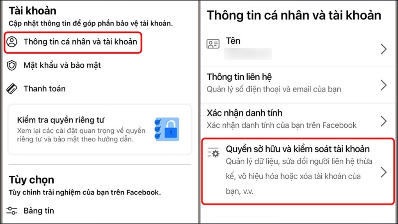 Chọn mục Thông tin cá nhân > Quyền sở hữu và kiểm soát tài khoản