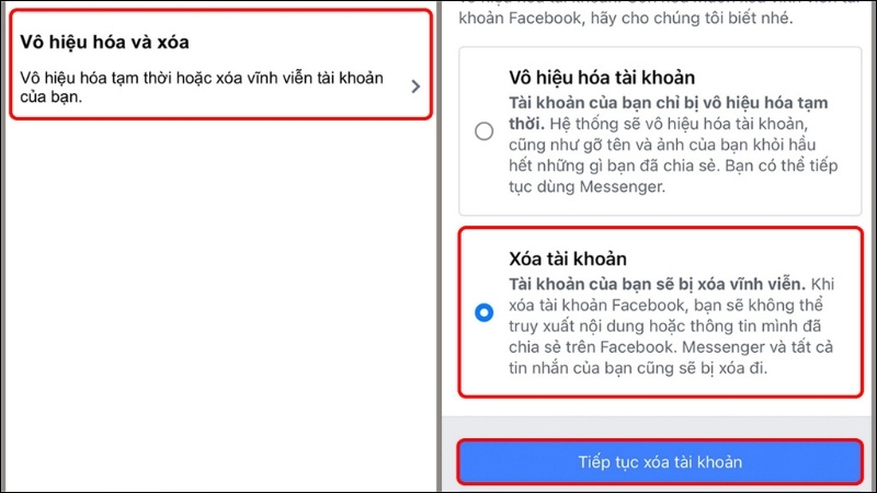 Nhấn vào Vô hiệu hóa và xóa > Chọn mục Xóa tài khoản > Chọn Tiếp tục xóa tài khoản