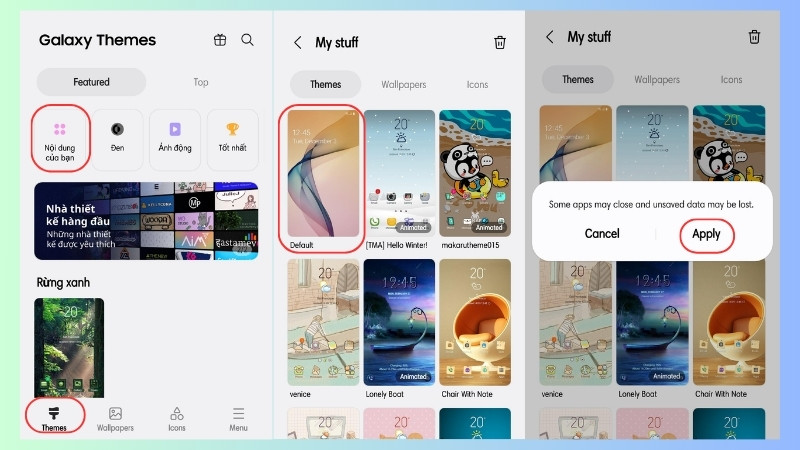  Trong tab Chủ đề, tìm và chọn theme có tên Mặc định (Default) và nhấn Apply