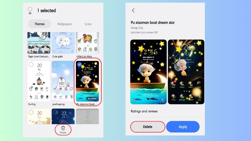 Xóa bằng cách nhấn giữ hoặc mở trang chi tiết của theme