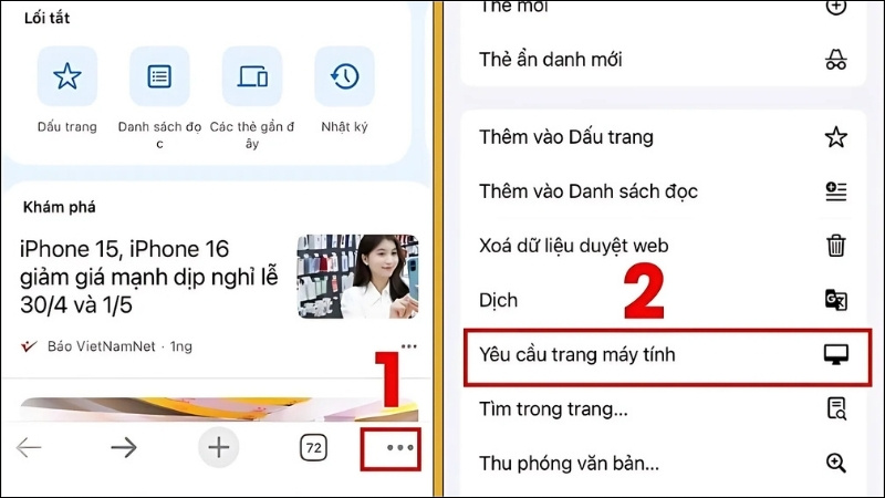  Nhấn vào nút ba chấm ở nút dưới cùng bên phải màn hình > Chọn Yêu cầu trang máy tính