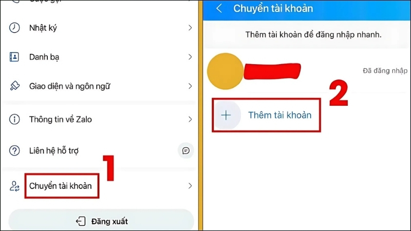 Mở ứng dụng Zalo > Cài đặt > Chuyển tài khoản > Thêm tài khoản