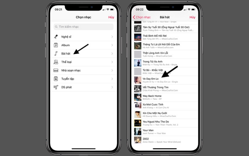 Trong mục chọn nhạc, nhấn vào Bài hát
