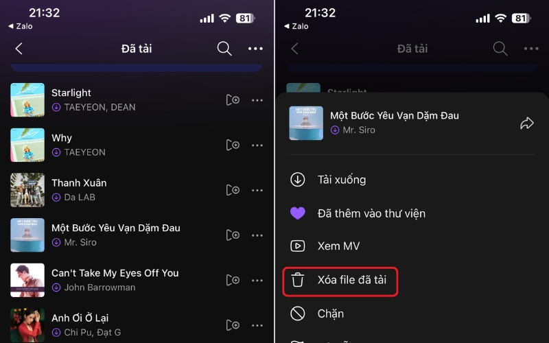 Chọn Xóa file đã tải