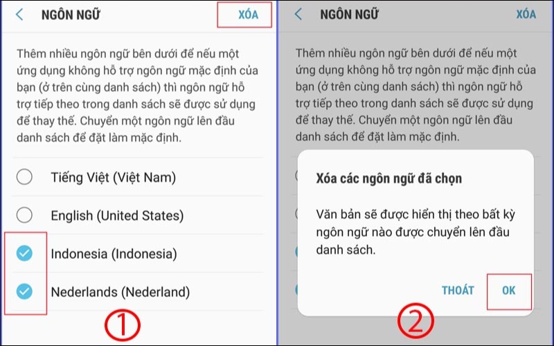 Chọn ngôn ngữ mà bạn muốn xóa và nhấn OK