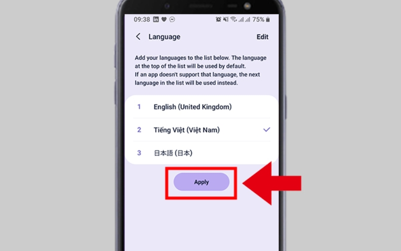 Chọn Apply để cài đặt ngôn ngữ tiếng Việt