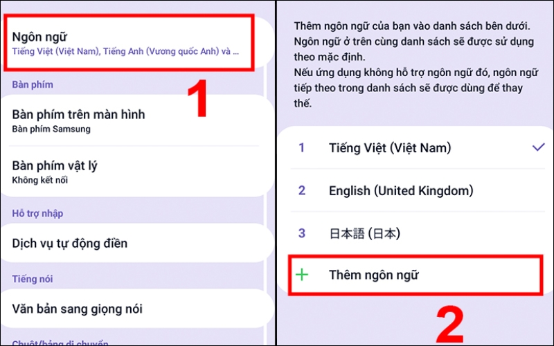 Sau khi nhấn Ngôn ngữ, hãy chọn mục Thêm ngôn ngữ