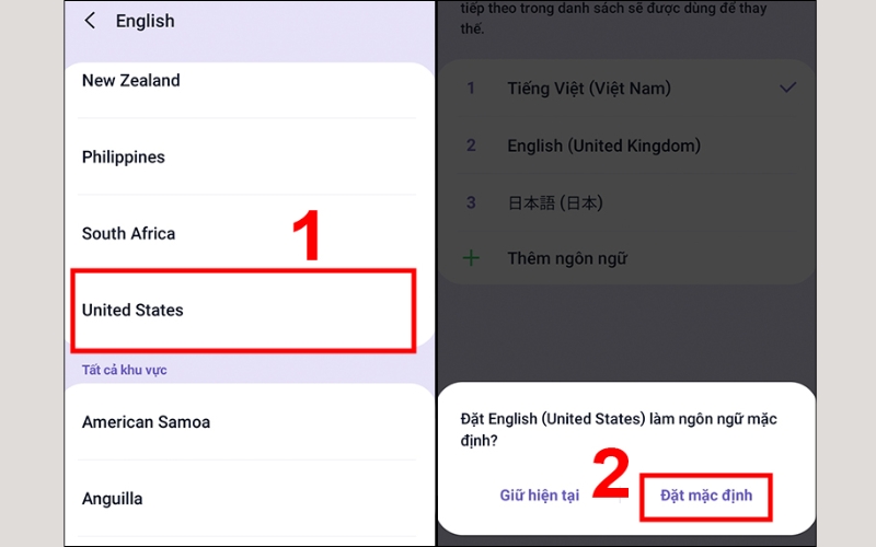 Chọn English (United States) rồi nhấn Đặt làm mặc địn