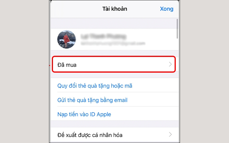 Sau đó, nhấn vào Đã mua