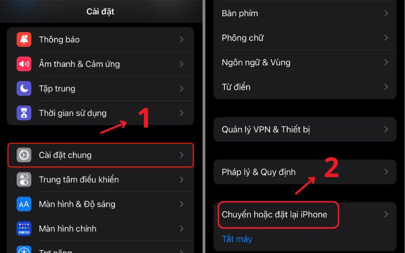 Tìm và chọn mục Chyển hoặc đặt lại iPhone