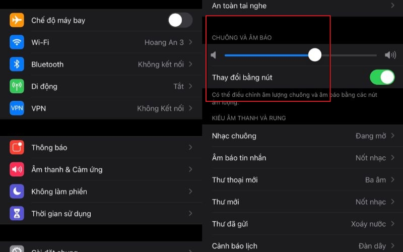 Kéo thanh trượt âm lượng trong mục Chuông và Âm báo
