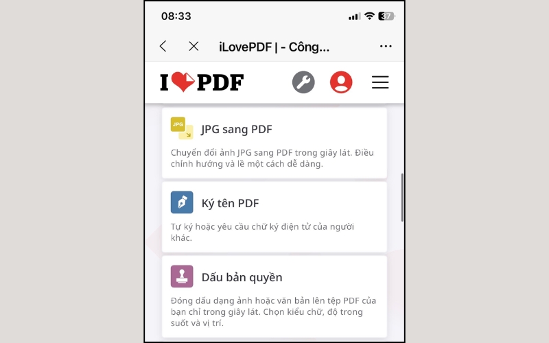 Tìm đến mục JPG sang PDF