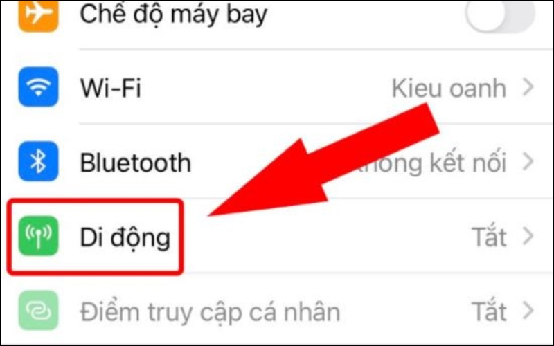 Truy cập vào mục Di động trong Cài đặt