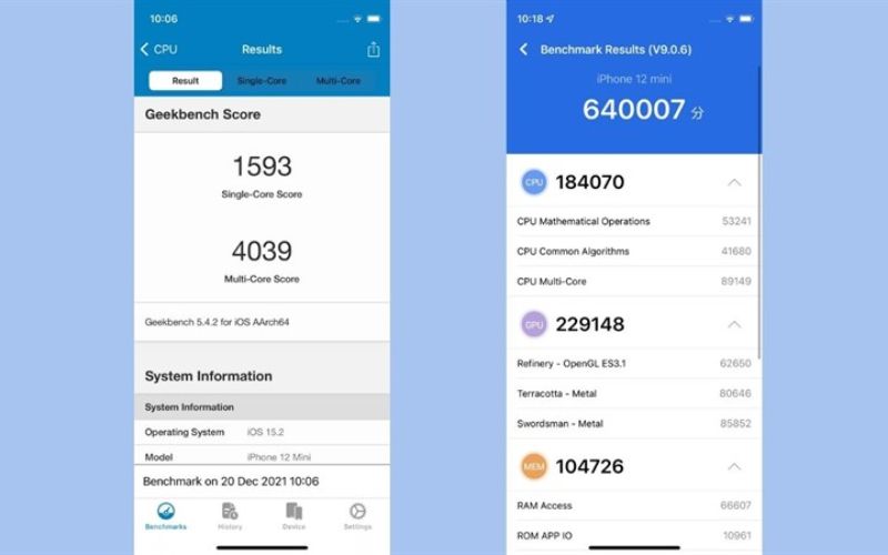 Kết quả chấm điểm hiệu năng GeekBench 5 và Antutu Benchmark trên iPhone 12 mini