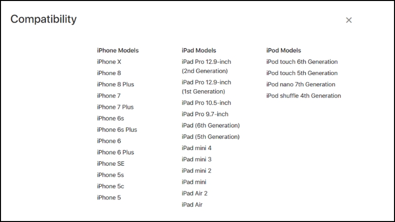 Phần Compatibilityđã list hầu hết các sản phẩm của Apple đều sử dụng được sạc iPad