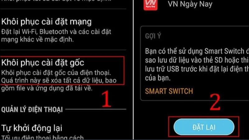  Chọn tiếp Khôi phục > Đặt lại