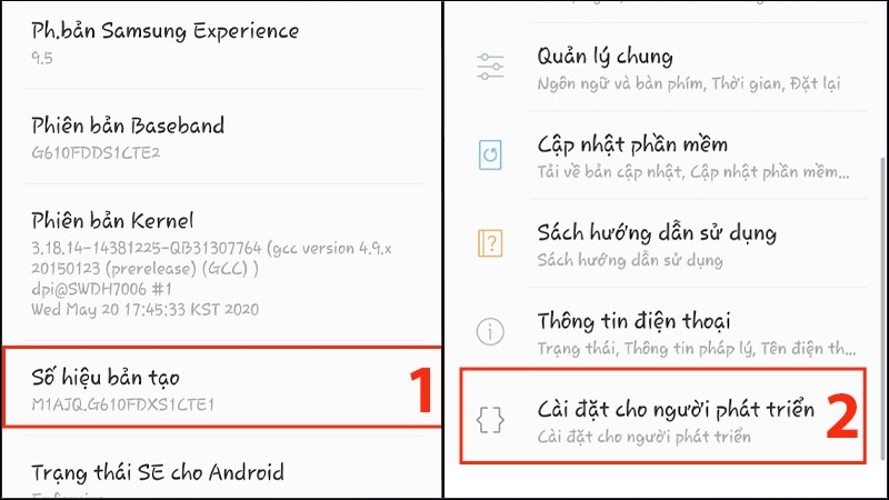 Nhấn liên tục vào Số hiệu bản tạo cho đến khi xuất hiện Cài đặt cho người phát triển