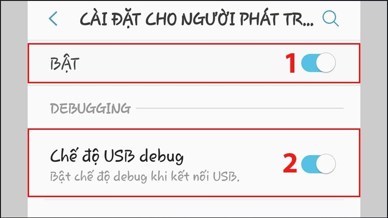 Gạt thanh trạng thái sang phải để bật chế độ Cài đặt cho người phát triển